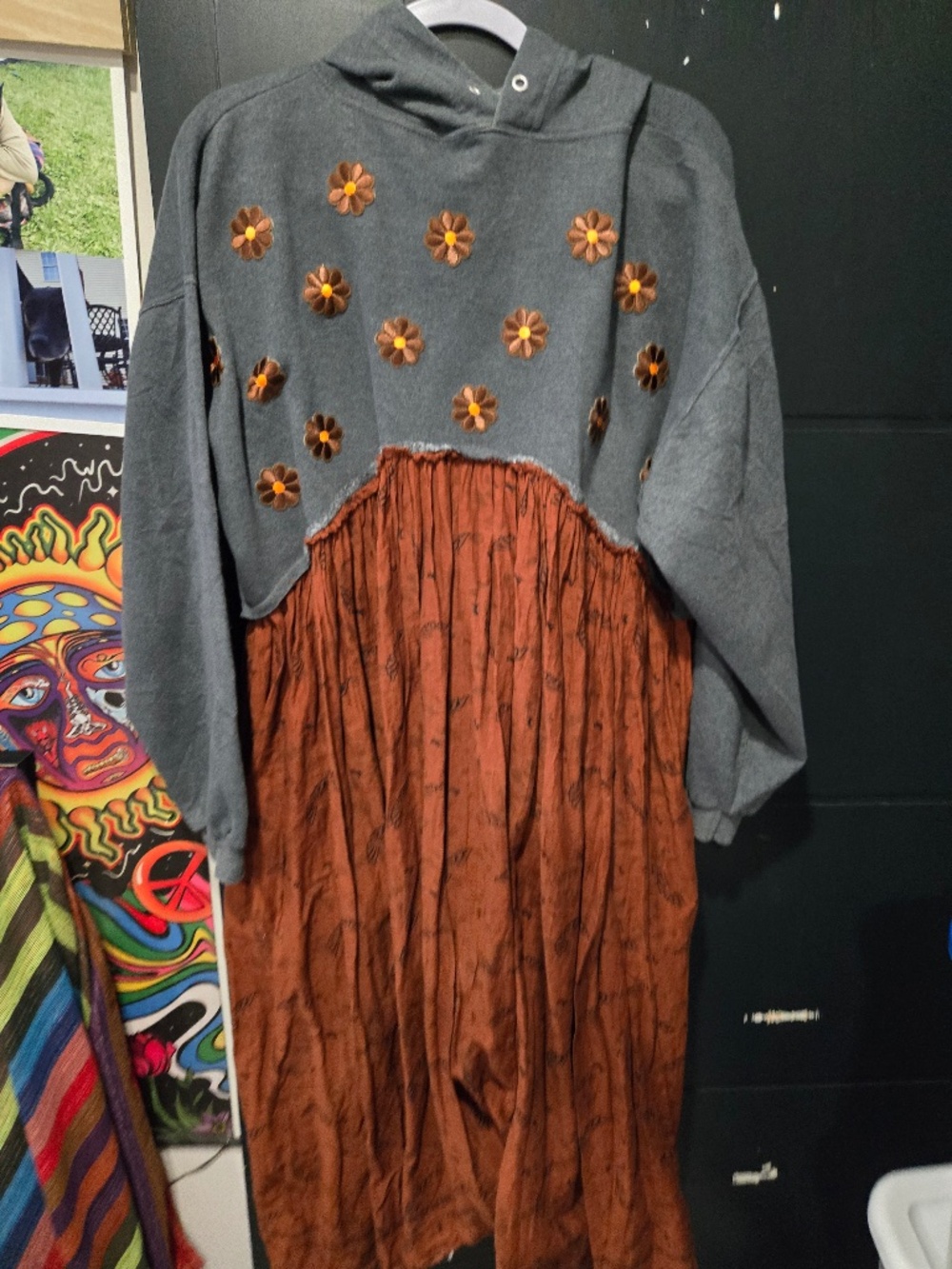 Urban Renewal Hoodie dress M/L Flower Patches added on urban outfitters